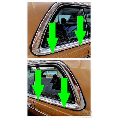 Esőelvezető, cseppcsatorna gumi, díszléc, króm díszléc bal és jobb oldali, vezető- és utasoldalra, Mercedes W123 C123 Coupé-hoz