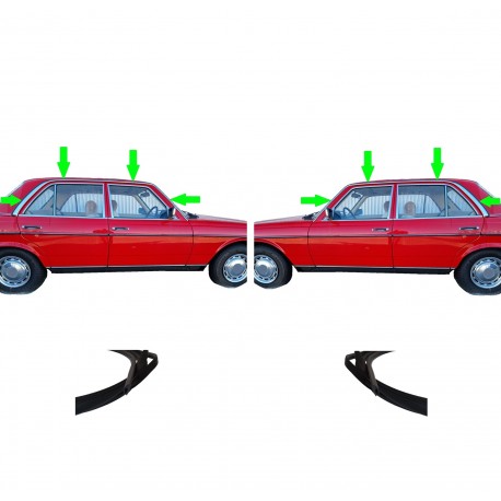 Set (2 adet) Ön panel sütunundan arka sütuna kadar yağmur çıtası üzeri kapak, krom çıta A-C sütunları için W123 Sedan